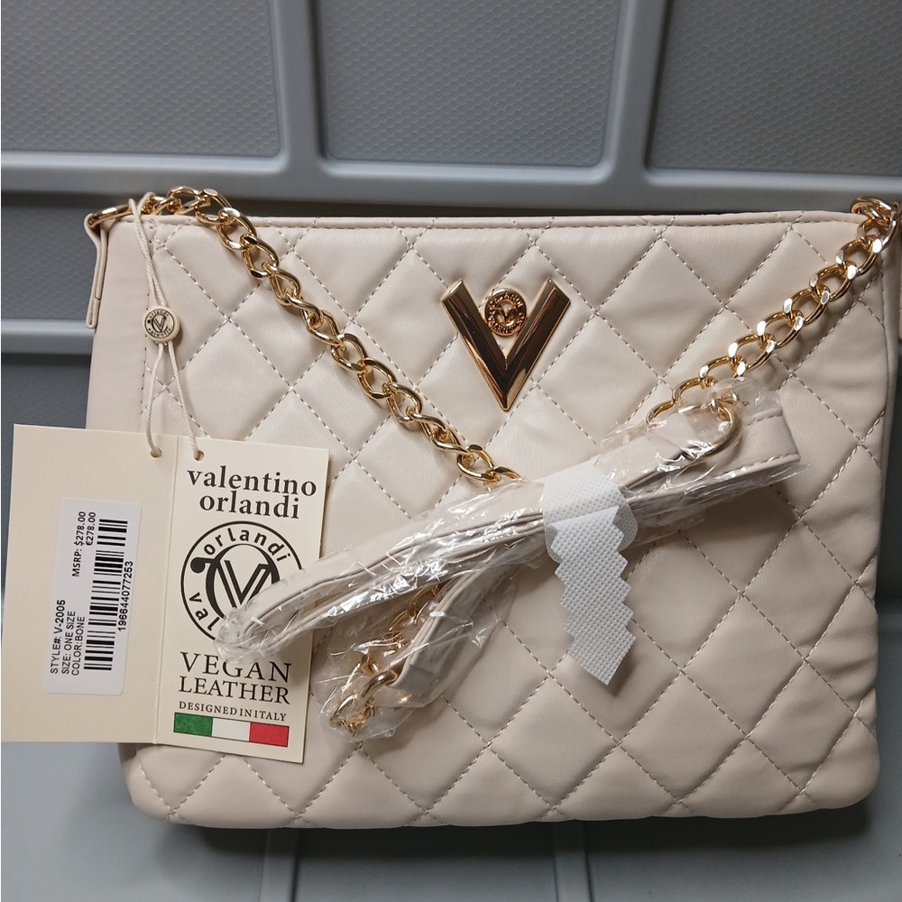 Valentino Orlandi Cream and Gold Crossbody Bag with Quilted Design